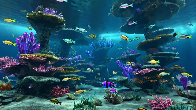 Underwater coral reef scene with colorful fish and crystals