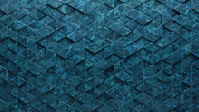 Blue Patina, 3D Wall background with tiles. Triangular, tile Wallpaper with Glazed, Polished blocks. 3D Render