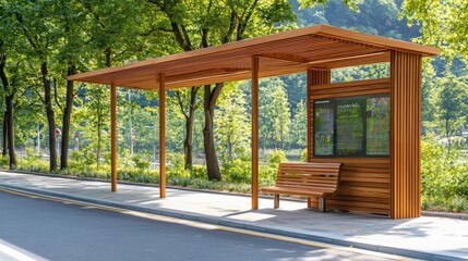 Modern wooden bus stop shelter with bench surrounded by green trees and natural sunlight on empty street