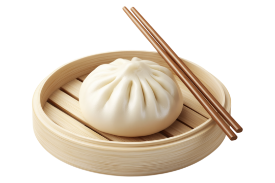 Traditional steamed Chinese bao bun with wooden chopsticks isolated on white transparent background, representing Asian cuisine and culinary culture