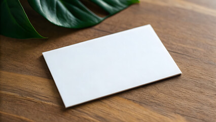Empty business name card mockup placed on natural wood surface with leaf detail, minimal personal branding or logo design presentation template scene
