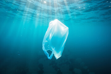 Fototapeta premium Plastic bag glowing underwater with jellyfish form