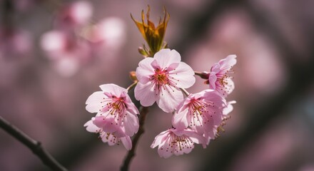 Closeup of Delicate Pink Cherry Blossoms in Spring