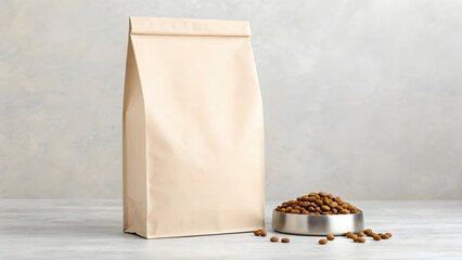 Pet food pouch mockup with plain sealed bag and stainless steel bowl full of dog kibble on neutral surface, front facing packaging design template