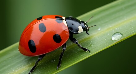 Fototapeta premium Ladybug on Leaf with Water Drop