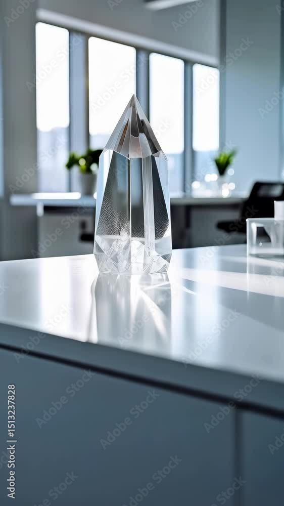 Poster clear crystal sculpture sits on a reflective surface in front of a sunlit window, creating a modern 
