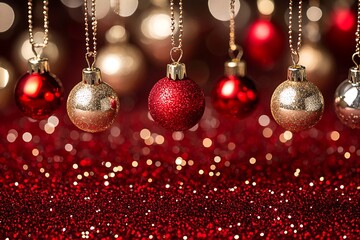 Christmas ornaments on string, festive red and gold
