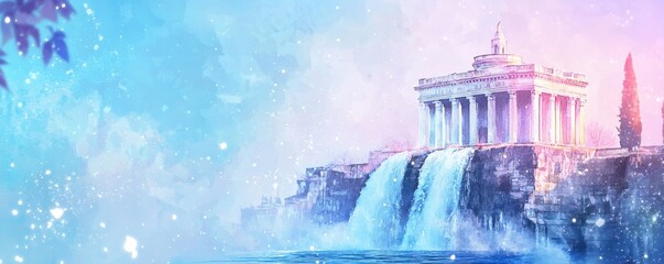 A majestic ancient temple with waterfalls cascading from its base, set in a dreamy, pastel-colored landscape.