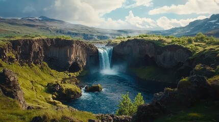 Obraz premium A scenic waterfall cascades into a clear blue pool surrounded by lush greenery and rocky cliffs under a bright, partly cloudy sky.