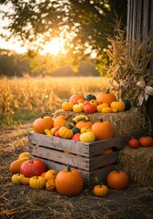 Autumn Harvest: Pumpkins and Gourds in a Rustic Setting