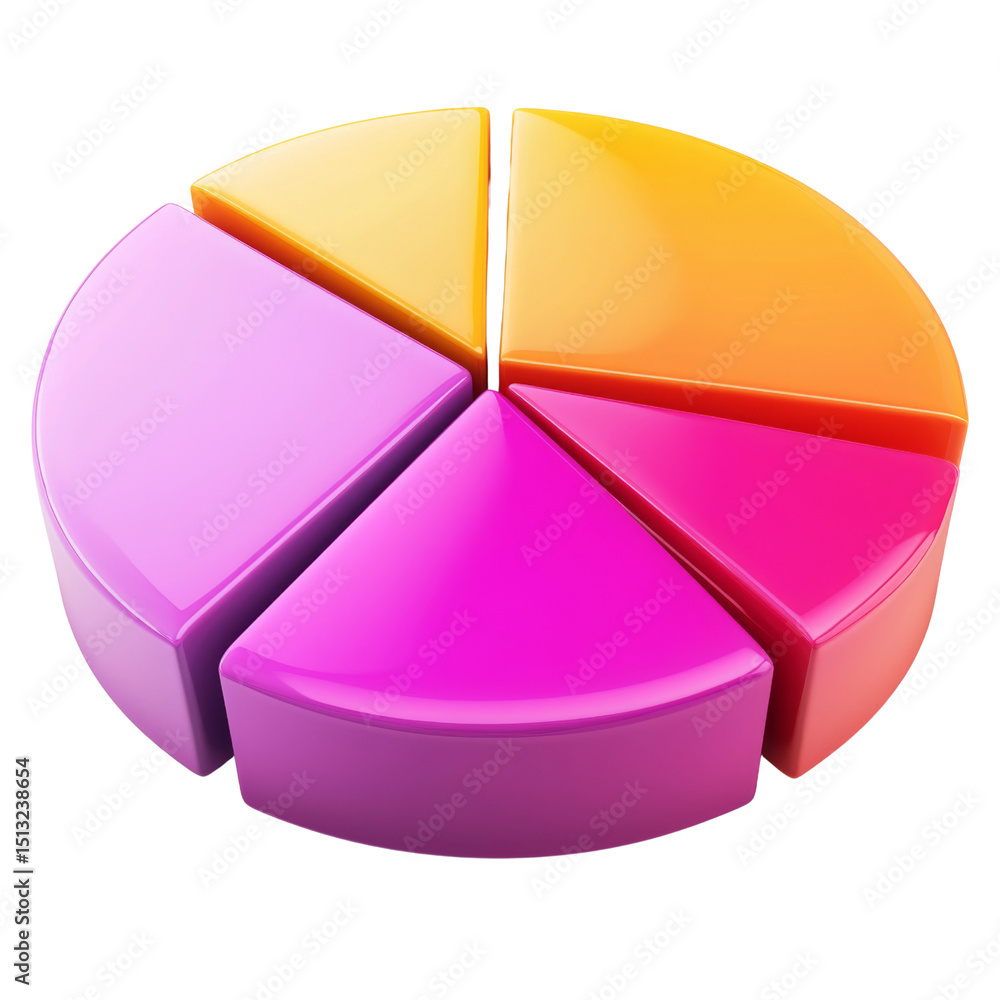 Poster Colorful pie chart with glossy segments representing data visualization. Ideal for presentations and infographics, showcasing vibrant colors like pink, orange, and purple