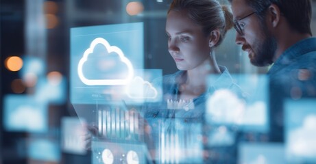 Analyzing cloud data, two IT professionals collaborate, peering through a transparent screen displaying charts and cloud computing icons.