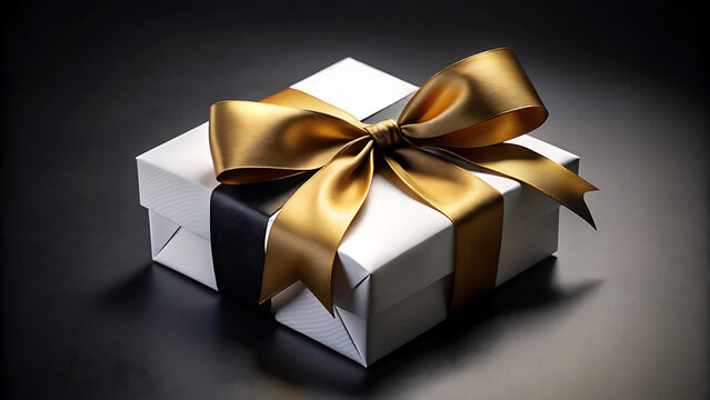 Elegant gift box with gold and black ribbon on dark background