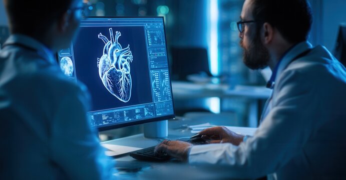 Two scientists analyze a heart scan on a monitor, using computers in a futuristic laboratory setting, focusing on medical advancement.
