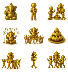 Set of golden 3D icons depicting Lord Ganesha festival with statue worship, family prayer, celebration, sweets, and Ganesha Visarjan, Perfect for festive design, decor, and branding, hindu, hinduism