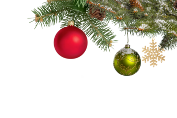 Christmas decorations corner with tree branches baubles frame, isolated transparent background
