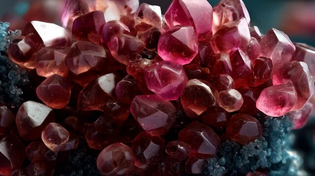 Pile of ruby colored gemstones and translucent crystals sitting on a bed of rough dark blue mineral aggregate.
