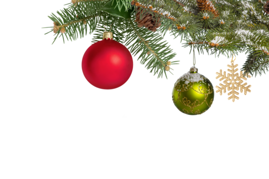 Christmas decorations corner with tree branches baubles frame, isolated transparent background