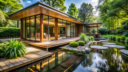 Obraz premium Modern zen house with wooden deck and koi pond background