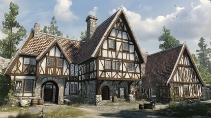 Obraz premium Medieval Timber Framed House in the Woods