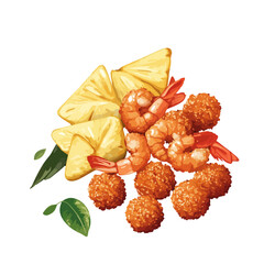 Fried shrimp balls with pineapple,vector