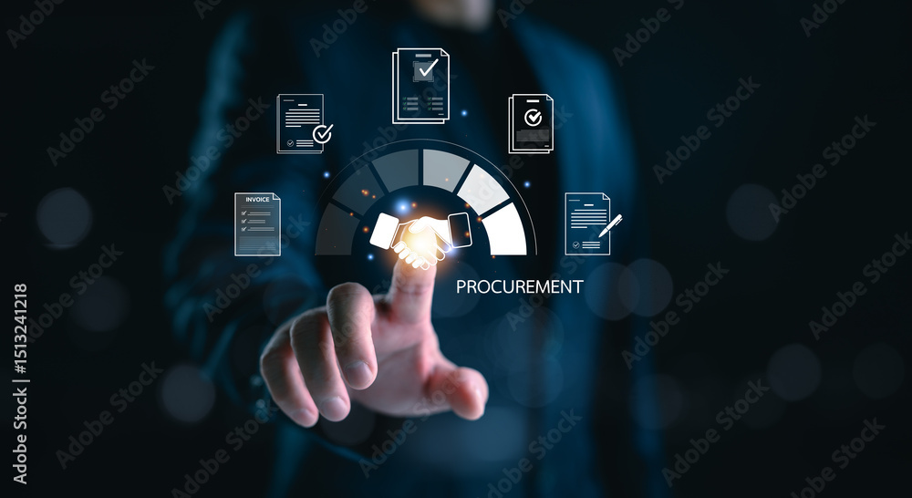 Poster procurement technology concept with digital handshake, document icons, and business contract interfa