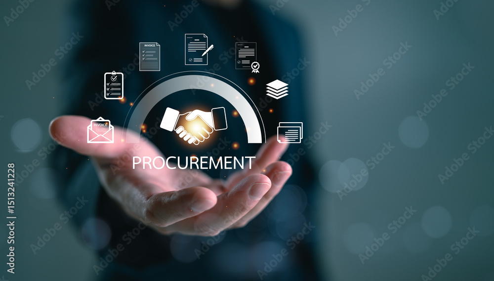 Poster procurement digital interface with handshake icon on businessman hand, symbolizing contract agreemen