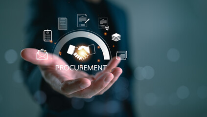 Procurement digital interface with handshake icon on businessman hand, symbolizing contract agreement, document workflow, and smart business solutions in modern supply chain systems.