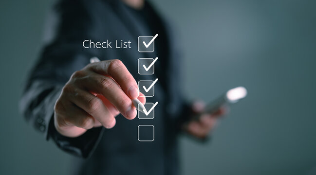 Checklist and task management concept with businessman marking digital boxes. Perfect for productivity, workflow planning, time management, digital organization, and business execution visuals.