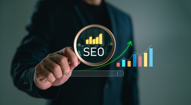 SEO and digital growth strategy concept with magnifying glass, search bar, and analytics graph. Perfect for online marketing, search engine optimization, web traffic, and ranking improvement.