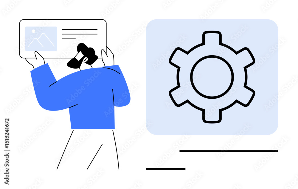 Poster person holding web content display, large gear icon on the side for functionality. ideal for technol