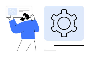 Person holding web content display, large gear icon on the side for functionality. Ideal for technology, development, user interface, interaction, customization, productivity, simple landing page