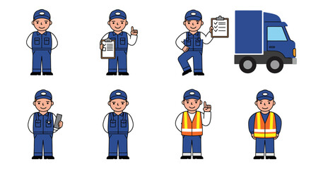 Cartoon Delivery Workers and Truck Illustration Set