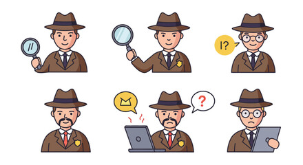 Cartoon Detectives in Various Poses with Magnifying Glasses and Technology