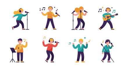 Cartoon People Singing Playing Guitar and Performing with Microphones and Music Stands