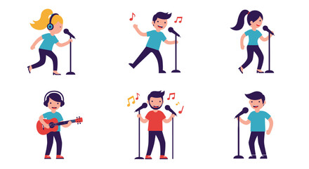 Cartoon People Singing and Playing Guitar with Microphones and Music Notes