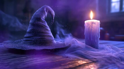 Mysterious wizard hat and glowing candle in a dark enchanted setting with smoke. - Powered by Adobe