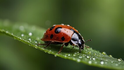 Fototapeta premium Ladybug on Leaf with Water Droplets