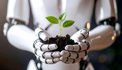 robot hand holding green sprout with both hand, AI Generated