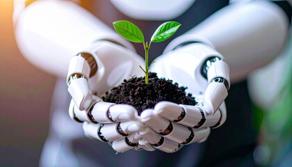 robot hand holding green sprout with both hand, AI Generated