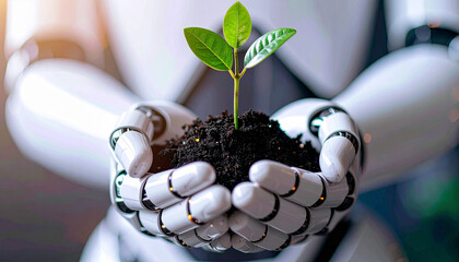 robot hand holding green sprout with both hand, AI Generated