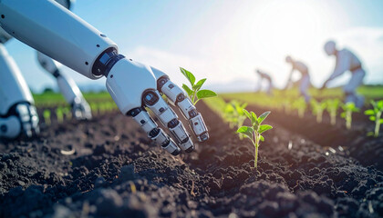 robot hand helping farmer planting seeds into soil, AI Generated