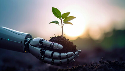 robot hand holding green sprout with one hand, AI Generated