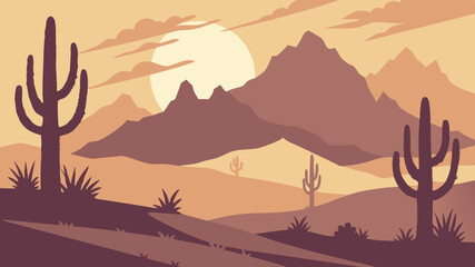 Generated AI Minimalist Vector Landscape Sunset Desert Scene