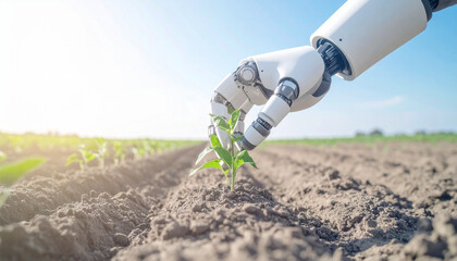 robot hand helping farmer planting seeds into soil, AI Generated