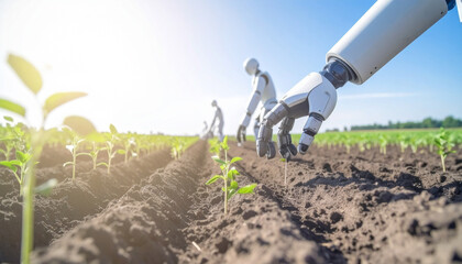 robot hand helping farmer planting seeds into soil, AI Generated