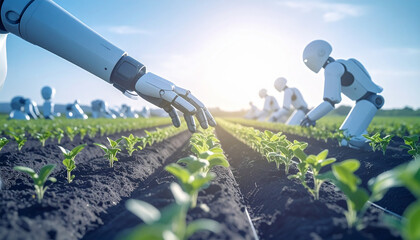 robot hand helping farmer planting seeds into soil, AI Generated