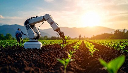 automatic robot arm harvesting plant in field against sunset, AI Generated