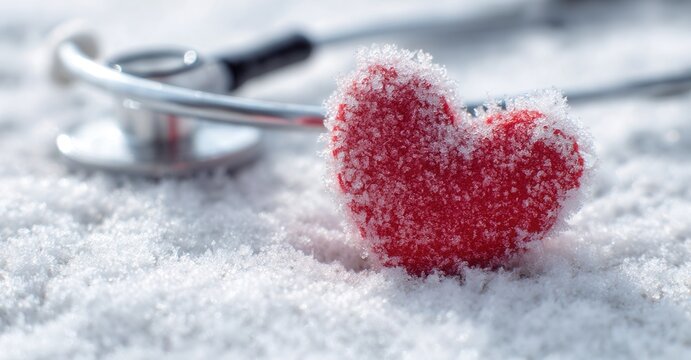 Heart health in winter: a stethoscope and red heart covered in frost symbolize cardiovascular care during cold weather.