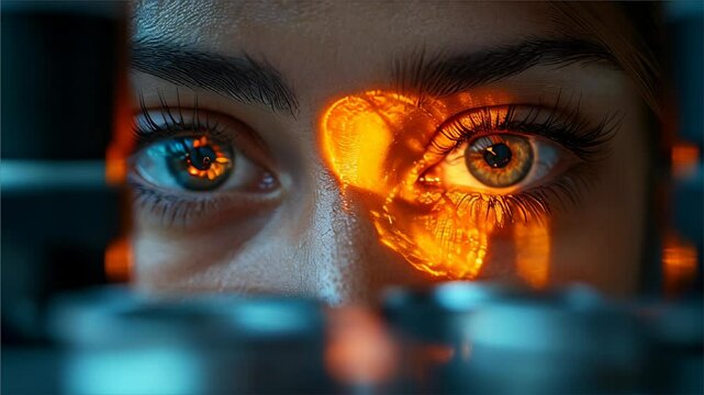 Vision eye exam, machine light and patient at eye care clinic for medical consultation, ocular healthcare or glaucoma test